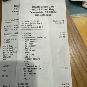 Beach Break Cafe - La cuenta - Breakfast & Brunch Near Me - Oceanside, California Beach Break Cafe - La cuenta - Breakfast & Brunch Near Me - Oceanside, California