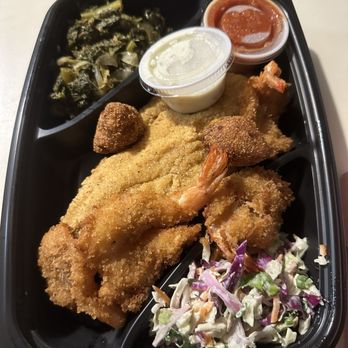 BB's Tex-Orleans - Cornmeal fried catfish with shrimp and collard greens - Cajun/Creole Near Me - Houston, Texas BB's Tex-Orleans - Cornmeal fried catfish with shrimp and collard greens - Cajun/Creole Near Me - Houston, Texas