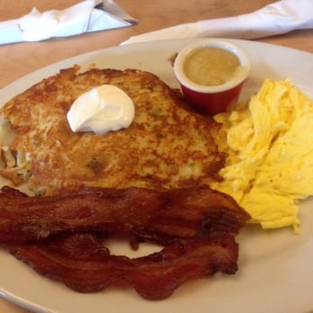 Elmer's Kitchen - Bacon and potato pancakes, with two eggs and your choice of meat. - Diners Near Me - Beaverton, Oregon Elmer's Kitchen - Bacon and potato pancakes, with two eggs and your choice of meat. - Diners Near Me - Beaverton, Oregon