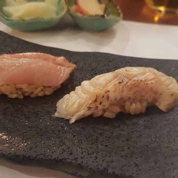 Tetsu Sushi Bar - left - Ji Kinmedai (golden eye snapper) right - Nodoguro (blackthroat seaparch) - Japanese Near Me - Vancouver, British Columbia Tetsu Sushi Bar - left - Ji Kinmedai (golden eye snapper) right - Nodoguro (blackthroat seaparch) - Japanese Near Me - Vancouver, British Columbia