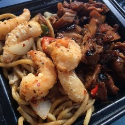 lo mein with spicy shrimp and Spicy Honey Chicken. lo mein with spicy shrimp and Spicy Honey Chicken.