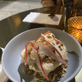 Jolie Restaurant - Pear and almond cake with caramel ice cream - French Near Me - Raleigh, North Carolina Jolie Restaurant - Pear and almond cake with caramel ice cream - French Near Me - Raleigh, North Carolina