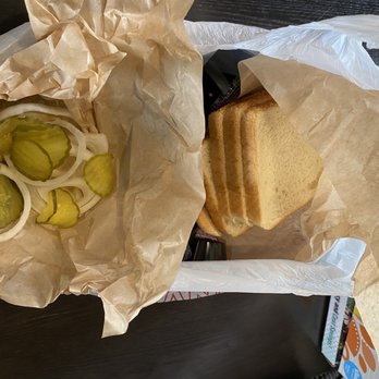 Lockhart Chisholm Trail BBQ - The "extras"; pickles, onions, and some white bread - Barbeque Near Me - Lockhart, Texas