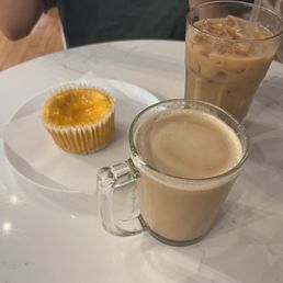 Cardamom chai, iced vanilla cardamom latte, and mango lassi cheesecake
