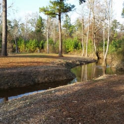 Lumberton City Park Disc Golf Course - Hole 13 Basket view, showing how much it is surrounded by the deep flowing Boggy Creek.