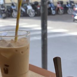 Iced coffee and hot caramel latte