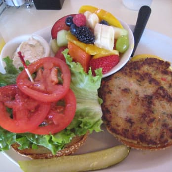 Curbside Cafe - crab cake sandwich with fruit salad on the side - Breakfast & Brunch Near Me - Vista, California