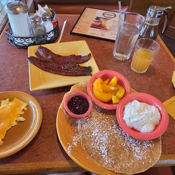 Jensen's Cafe - Swedish pancakes with peaches and cream, candles bacon & scrambled egg - Breakfast & Brunch Near Me - Burnsville, Minnesota Jensen's Cafe - Swedish pancakes with peaches and cream, candles bacon & scrambled egg - Breakfast & Brunch Near Me - Burnsville, Minnesota