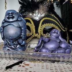 Dragonfly Gifts - Daughter's Buddhas meeting each other - sharing joy at her place! (both crafted at 'The Happy Prospector')