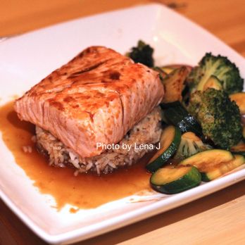 Pacific Rim - Miso-Teriyaki Salmon ($28) - Faroe Islands Atlantic salmon with sautéed zucchini, broccoli and red onions, glazed with miso-teriyaki sauce - Asian Fusion Near Me - Ann Arbor, Michigan
