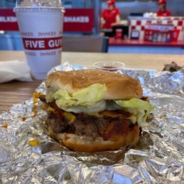 My amazing Little Bacon Cheeseburger with all my favorite toppings. Lettuce, mushrooms, onions, mayonnaise, catsup, and mustard