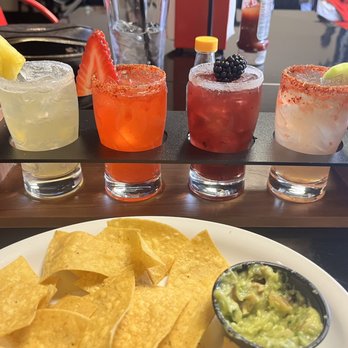Bomb Burritos - Margarita flight and guacamole and chips. - Beer Bar Near Me - Wenatchee, Washington
