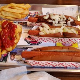 Plain dog. Dog with mustard and onions. Chili dog with onions. Steak fries. Plain dog. Dog with mustard and onions. Chili dog with onions. Steak fries.