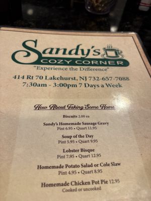 Menu photo 1 Sandy's Cozy Corner Lakehurst, NJ Menu photo 1 Sandy's Cozy Corner Lakehurst, NJ