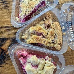 Noon Mark Diner - Raspberry Crumb, Strawberry Rhubarb Crumb, and Raspberry Rhubarb Pie Slices | Instagram: @telephonesmoothie