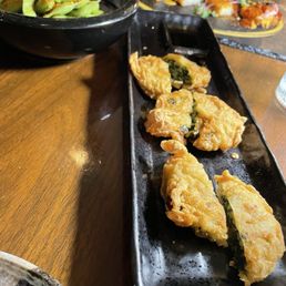Kale Gyoza, Spicy Edamame Black Garlic Truffle (V), Tuna Donburi Kale Gyoza, Spicy Edamame Black Garlic Truffle (V), Tuna Donburi