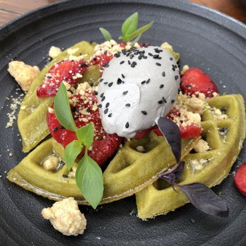 Campfire - Matcha waffles, awesome black sesame whip cream on top - New American Near Me - Carlsbad, California Campfire - Matcha waffles, awesome black sesame whip cream on top - New American Near Me - Carlsbad, California