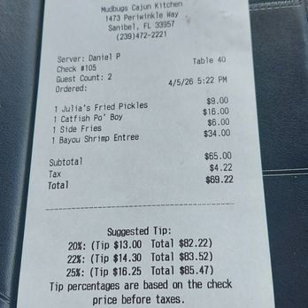 Mudbugs Cajun Kitchen - Receipt - Cajun/Creole Near Me - Sanibel, Florida Mudbugs Cajun Kitchen - Receipt - Cajun/Creole Near Me - Sanibel, Florida