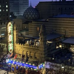 Marquee Club is to the right of the theatre you can see the terrace and patio torches.