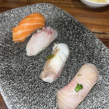 OMAKAI sushi - Left to right: salmon, branzino, seabream, tuna hamachi (on the regular dinner omakaze) - Sushi Bars Near Me - Miami, Florida OMAKAI sushi - Left to right: salmon, branzino, seabream, tuna hamachi (on the regular dinner omakaze) - Sushi Bars Near Me - Miami, Florida
