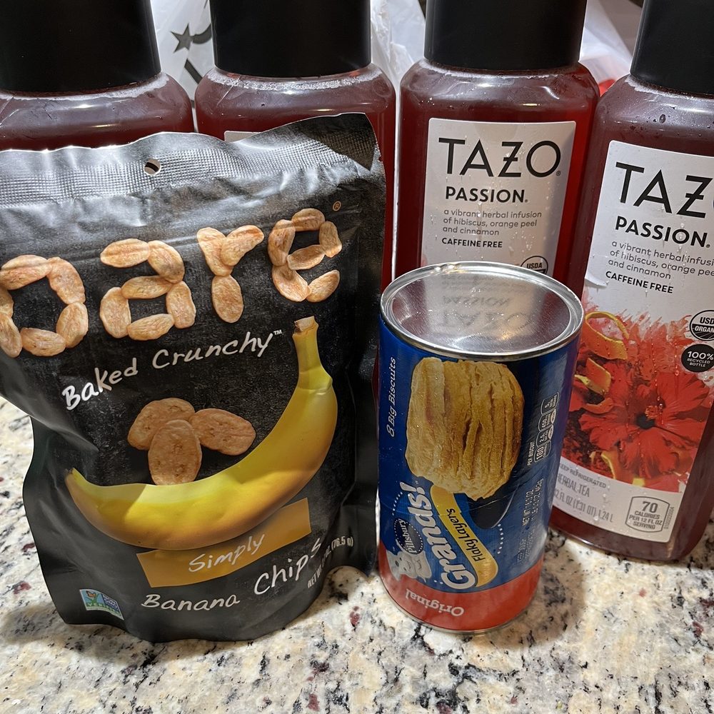 Tazo tea, banana chips, biscuits Tazo tea, banana chips, biscuits