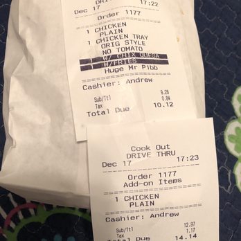 Cook Out - The picture of receipt & the disgusting inedible food ! - Fast Food Near Me - Summerville, South Carolina