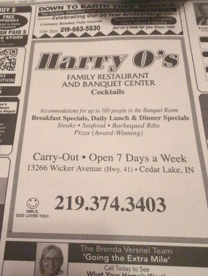 Menu photo 1 Harry O's Cedar Lake, IN