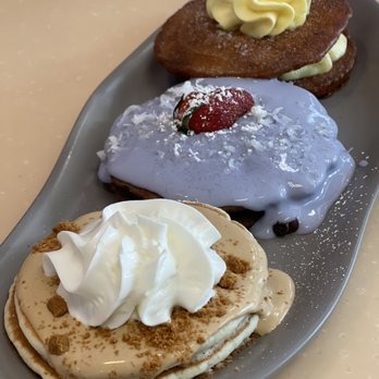 My Cafe - Flight of pancakes. Cookie butter, taro haupia and madasala with vanilla - Breakfast & Brunch Near Me - Kapolei, Hawaii My Cafe - Flight of pancakes. Cookie butter, taro haupia and madasala with vanilla - Breakfast & Brunch Near Me - Kapolei, Hawaii