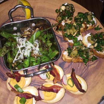 District - HH deviled eggs, shishito peppers and mushrooms, and broccolini bruschetta - Cocktail Bars Near Me - Los Angeles, California District - HH deviled eggs, shishito peppers and mushrooms, and broccolini bruschetta - Cocktail Bars Near Me - Los Angeles, California