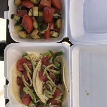 Tiki Grill - Ahi poke tacos and a tomato-cucumber salad... - Comfort Food Near Me - Flagstaff, Arizona Tiki Grill - Ahi poke tacos and a tomato-cucumber salad... - Comfort Food Near Me - Flagstaff, Arizona