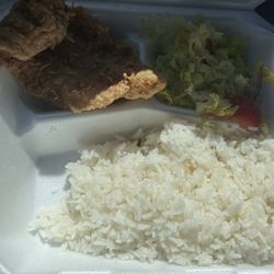Rice, salad, and fried fish