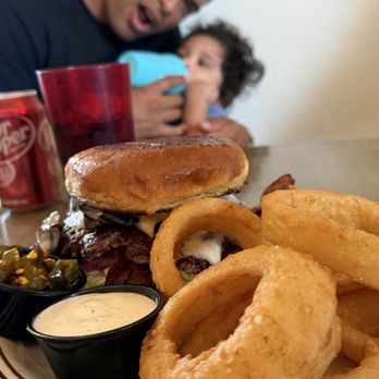 Tumbleweeds Diner - Mushroom Swiss Smash Burger, crispy onion rings, candied jalapeños, and ranch on the side! - Diners Near Me - Magdalena, New Mexico Tumbleweeds Diner - Mushroom Swiss Smash Burger, crispy onion rings, candied jalapeños, and ranch on the side! - Diners Near Me - Magdalena, New Mexico