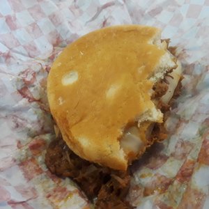 Photo of House Park Bar-B-Q - Austin, TX, United States. Chopped beef sandwich after have eaten lol sorry I was hungry. Only a little over $5! Juicy and full of flavor!