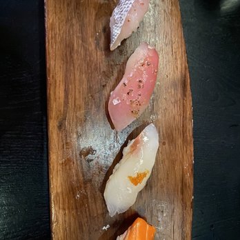 Uchi Denver - Nigiri - top to bottom: Baby Sea Bream Albacore Tuna Red Flute Fish New Zealand Salmon - Japanese Near Me - Denver, Colorado Uchi Denver - Nigiri - top to bottom: Baby Sea Bream Albacore Tuna Red Flute Fish New Zealand Salmon - Japanese Near Me - Denver, Colorado