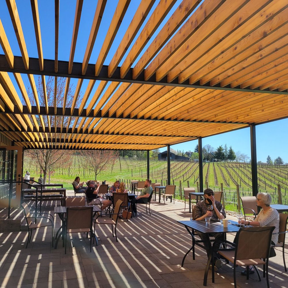 Trisaetum Winery - Sun dappled patio - Wineries Near Me - Newberg, Oregon Trisaetum Winery - Sun dappled patio - Wineries Near Me - Newberg, Oregon