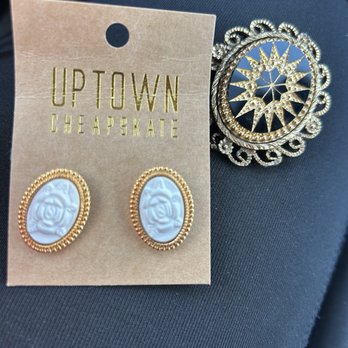 Uptown Cheapskate - Hallmark flower earrings and a Victorian brooch. - Women's Clothing Near Me - Torrance, California Uptown Cheapskate - Hallmark flower earrings and a Victorian brooch. - Women's Clothing Near Me - Torrance, California