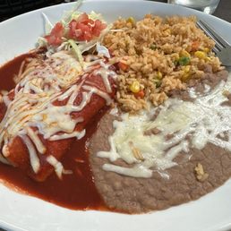 One of the lunch specials - 2 delicious chicken enchiladas with rice and beans. One of the lunch specials - 2 delicious chicken enchiladas with rice and beans.