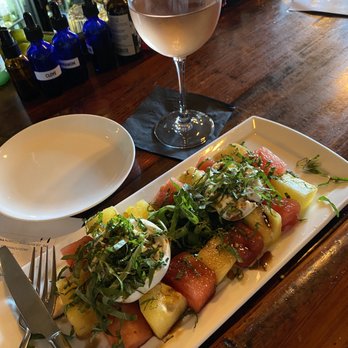 Old Vines Wine Bar - Watermelon, Narragansett Creamery Burratta, Balsamic, and Mint with a glass of Rosé. - Wine Bars Near Me - Kennebunk, Maine