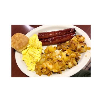 Spoon's Grill - Georgia Sausage with home fries, eggs and their homemade biscuit - Breakfast & Brunch Near Me - Fort Lauderdale, Florida