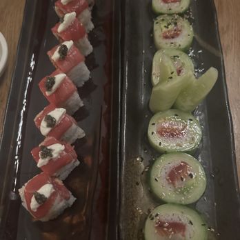 Lily Sushi Bar - The Wilson roll (off menu) and the Skinny roll (Kanikami, avocado, salmon, tuna, yellowtail wrapped in cucumber, house vinaigrette) - Sushi Bars Near Me - Alpharetta, Georgia