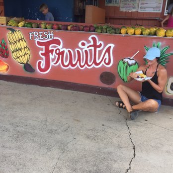 Coconut Joe - cute sign and fresh fruits @ the front of the stand - Fruits & Veggies Near Me - Hauula, Hawaii