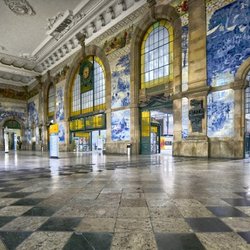 Spain & Portugal Vacations - Porto, Portugal. São Bento train station. Entrance hall covered with Portuguese Azulejos (painted glazed tiles)