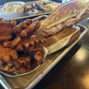 Gaskins Barbecue and Lobster - lobster grilled cheese with sweet potato waffle fries - Barbeque Near Me - Lakeland, Florida Gaskins Barbecue and Lobster - lobster grilled cheese with sweet potato waffle fries - Barbeque Near Me - Lakeland, Florida