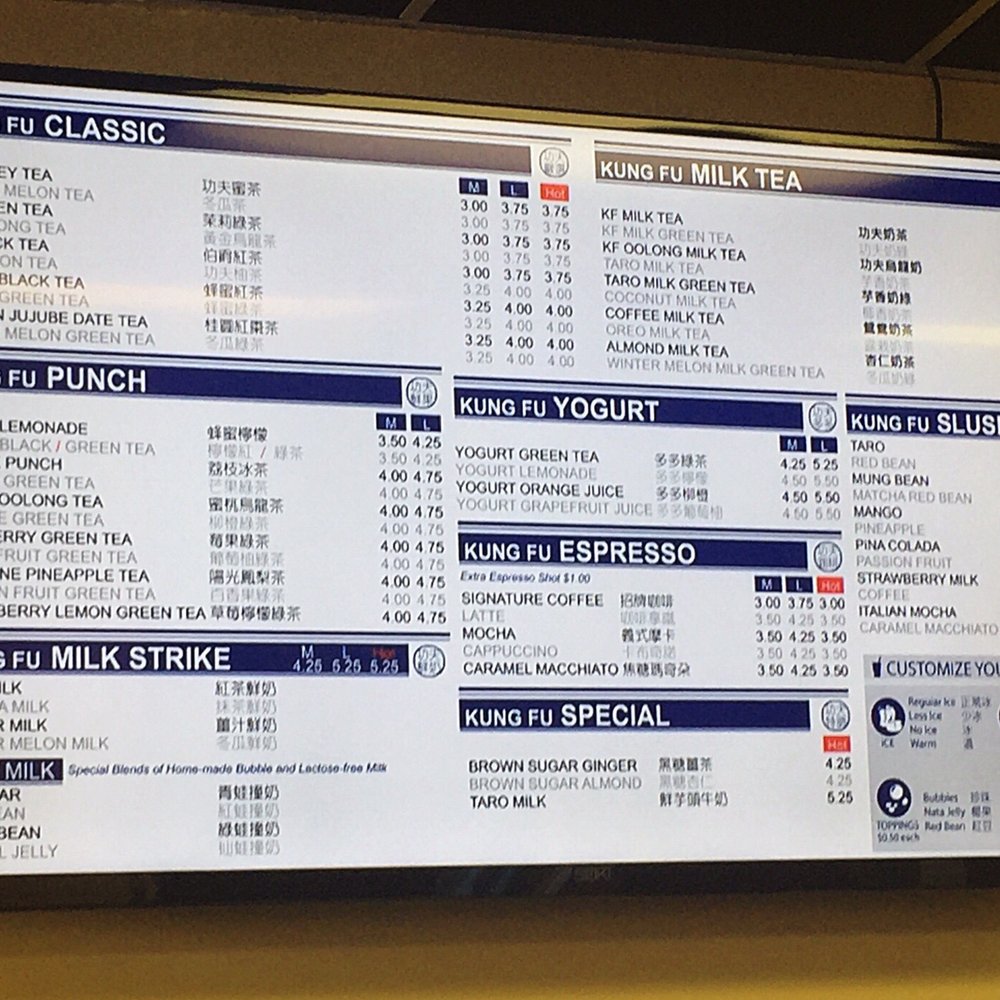 Kung Fu Tea - Menu inside. - Bubble Tea Near Me - Columbus, Ohio Kung Fu Tea - Menu inside. - Bubble Tea Near Me - Columbus, Ohio