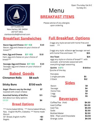 Menu photo 2 Starboard cafe Bristol, ME Menu photo 2 Starboard cafe Bristol, ME