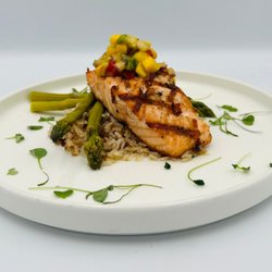 Windrose Marker 26 Lakeside Dining - Roasted Salmon, Seasonal Vegetables, Coconut Rice, Honey Citrus Glaze, Mango Avocado Salsa