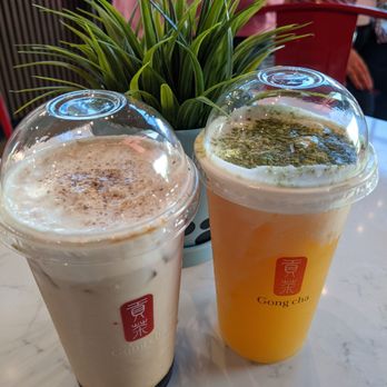 Gong Cha - Milk foam dirty brown sugar milk tea on the left and milk foam green tea on the right. Both very good - Bubble Tea Near Me - San Antonio, Texas Gong Cha - Milk foam dirty brown sugar milk tea on the left and milk foam green tea on the right. Both very good - Bubble Tea Near Me - San Antonio, Texas