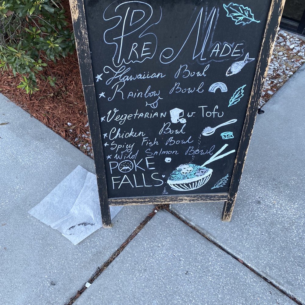 Poké Falls - a chalk board with a menu on it - Poke Near Me - Wesley Chapel, Florida Poké Falls - a chalk board with a menu on it - Poke Near Me - Wesley Chapel, Florida