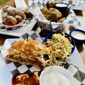 Joe's Farm Grill - G Gouda Garlic Bacon Burger Stack , Fried Zucchini Slices Asian slaw salad side Apple fritters - American Near Me - Gilbert, Arizona Joe's Farm Grill - G Gouda Garlic Bacon Burger Stack , Fried Zucchini Slices Asian slaw salad side Apple fritters - American Near Me - Gilbert, Arizona