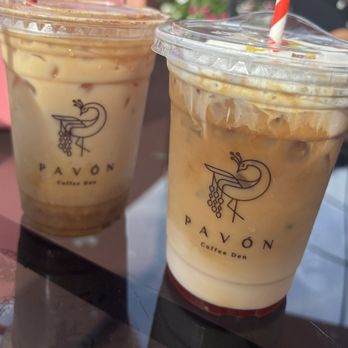 Pavón Coffee Den - Iced Shaken Expresso (left) Fruity Pebbles Latte (right) - Coffee & Tea Near Me - Houston, Texas